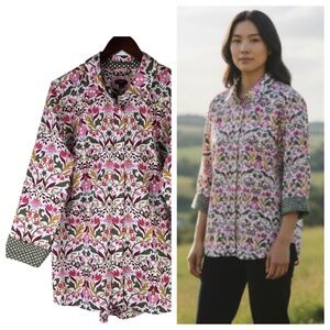 Talbots Blouse Shirt Top Button Down 1X 16 18 Floral Garden Green Pink Flip Cuff